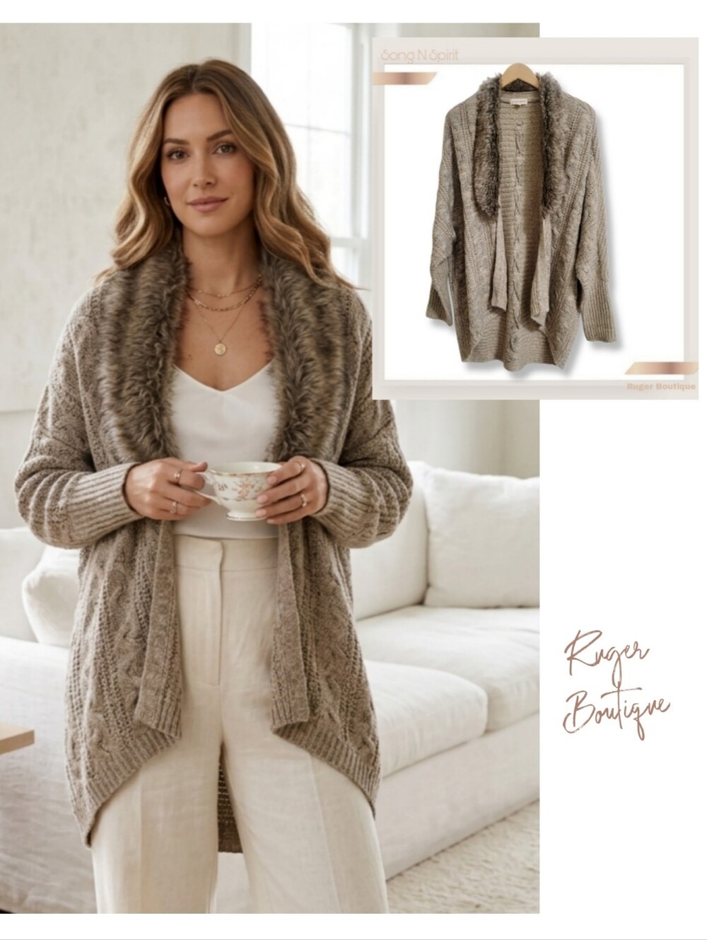 🌿Song N Spirit Women's Large Faux Fur Collar Cable Knit Cardigan